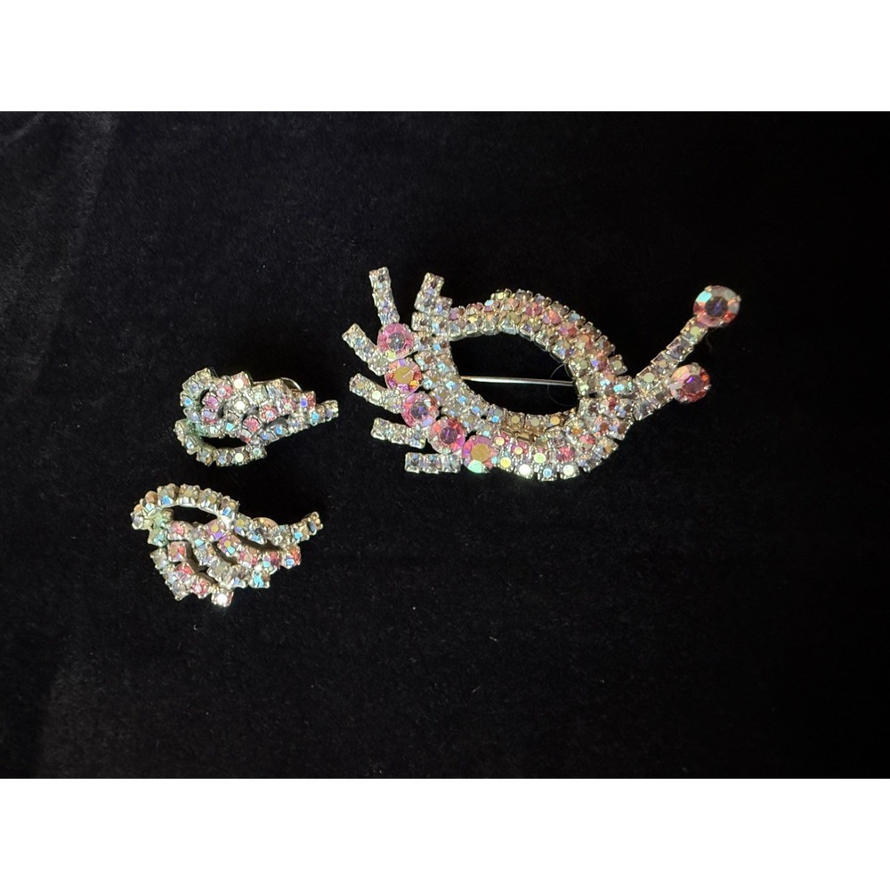 Vintage Set Silver Tone Pink Aurora Borealis Crystal 2.5" Pin Brooch & Earrings